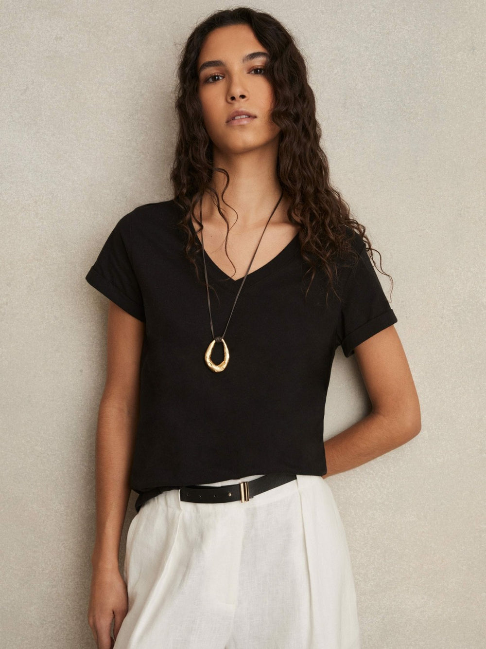 Women Cotton-Jersey V-Neck T-Shirt in Black