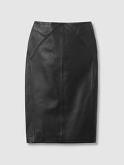 Women Leather High Rise Midi Skirt in Black