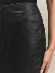 Women Leather High Rise Midi Skirt in Black
