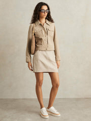 Women Grained Leather Platform Trainers in Camel/White