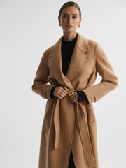 Women Wool Blend Belted Blindseam Coat in Camel