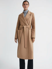 Women Long Wool Blend Blindseam Coat in Camel