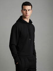 Men Interlock Jersey Drawstring Hoodie in Black