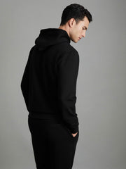 Men Interlock Jersey Drawstring Hoodie in Black