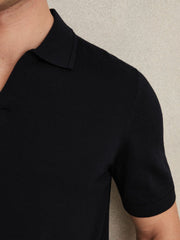 Men Merino Wool Open Collar Polo Shirt in Navy