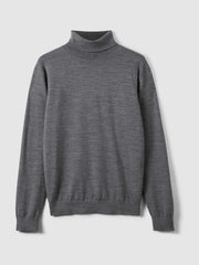 Men Slim Fit Merino Wool Roll Neck Jumper in Derby Grey Marl