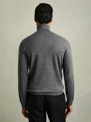 Men Slim Fit Merino Wool Roll Neck Jumper in Derby Grey Marl