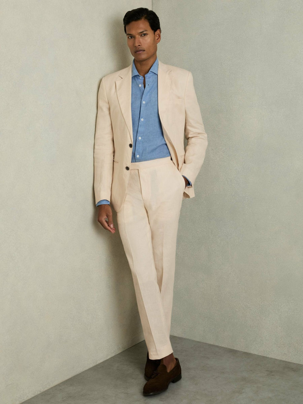 Men Slim Fit Linen Adjuster Trousers in Stone
