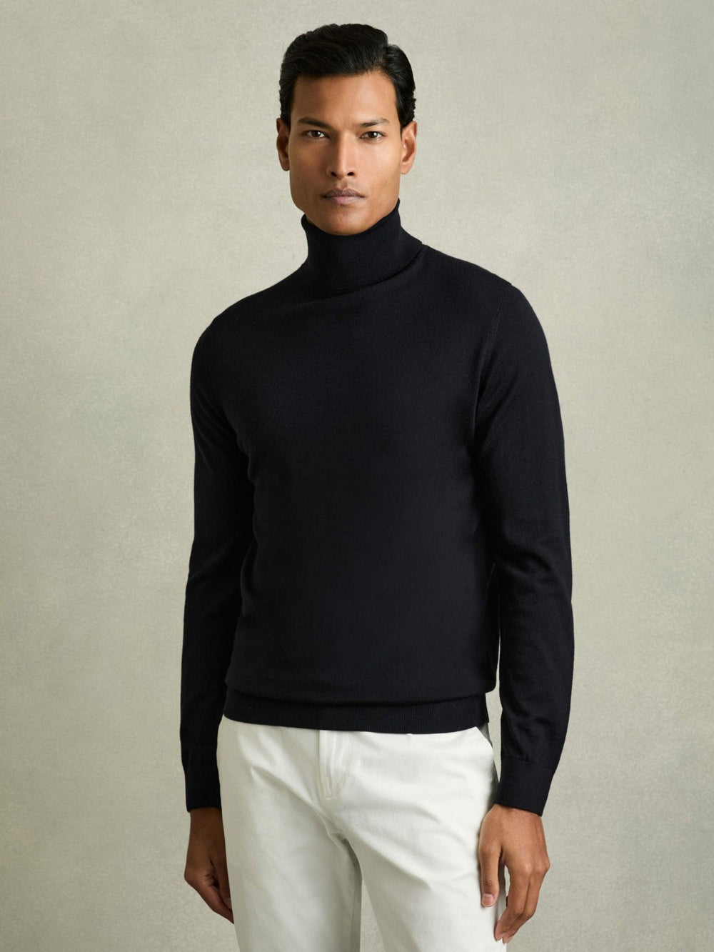 Men Slim Fit Merino Wool Roll Neck Jumper in Navy