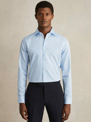 Men Slim Fit Cotton-Satin Cutaway-Collar Shirt in Blue Stripe