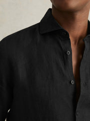 Men Linen Button-Through Shirt in Black