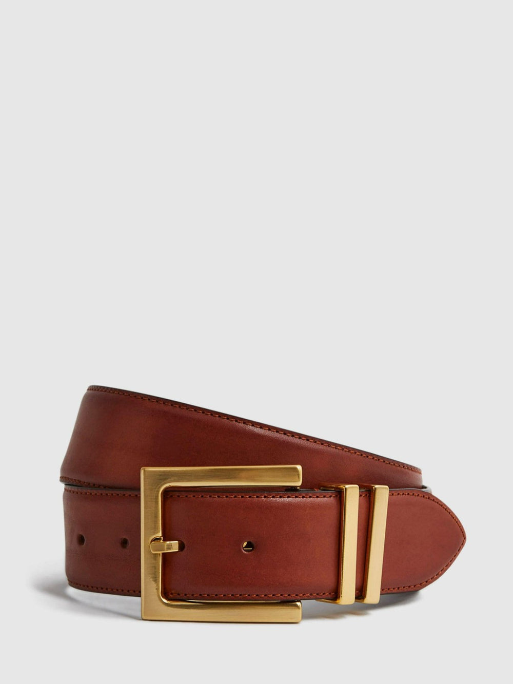 Women Leather Square Buckle Belt in Tan