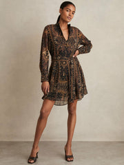 Women Botanical-Print Chiffon Mini Dress in Navy