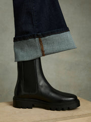 Women Leather Cleated Sole Chelsea Boots in Black