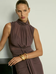 Women Sheer Ruched Maxi Dress in Taupe