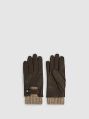 Men Leather Ribbed-Cuff Gloves in Dark Brown
