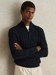 Men Cable-Knit Half-Zip Jumper in Navy