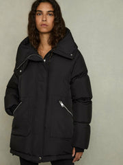 Women Petite Concealed-Hood Puffer Coat in Black