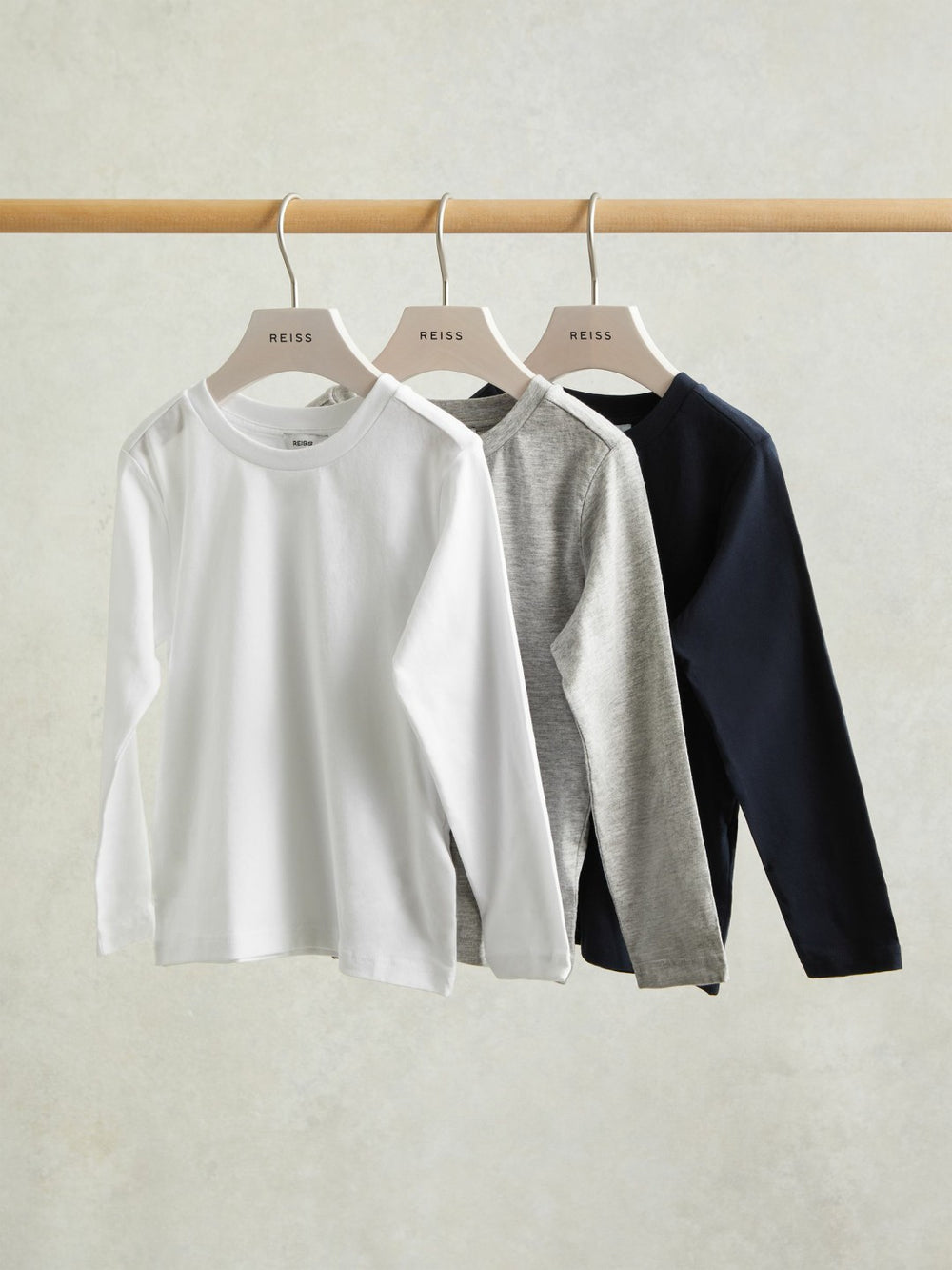 Children & Baby 9-13 yrs Cotton Jersey Long Sleeve T-Shirts 3 Pack in White/Soft Grey/Navy