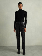 Women Leather Slim-Leg Trousers in Black