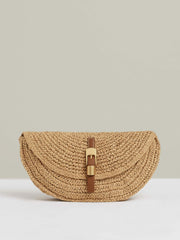 Women Raffia Half-Moon Clutch Bag in Natural