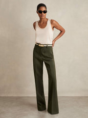Women Twill Patch-Pocket Flared Trousers in Green
