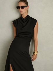 Women Twill-Jersey Draped Midi Dress in Black