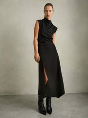 Women Twill-Jersey Draped Midi Dress in Black