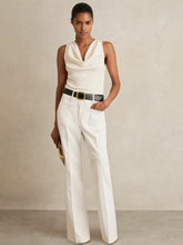 Women Petite Twill Patch-Pocket Flared Trousers in Cream