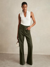 Women Petite Twill Patch-Pocket Flared Trousers in Green