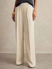 Women Elasticated-Waist Wide-Leg Twill Trousers in Cream