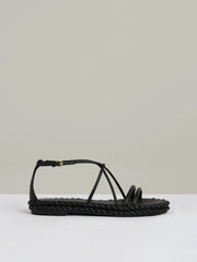Women Leather Braided Flat Sandals in Black