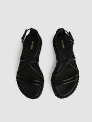Women Leather Braided Flat Sandals in Black