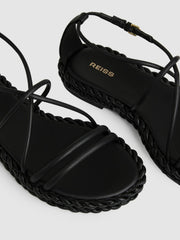 Women Leather Braided Flat Sandals in Black