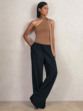 Women Petite Elasticated-Waist Wide-Leg Twill Trousers in Navy