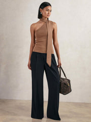 Women Petite Elasticated-Waist Wide-Leg Twill Trousers in Navy