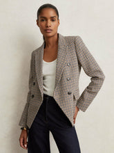 Women Cotton-Linen Double-Breasted Houndstooth-Check Blazer in Navy Neutral Check