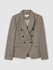 Women Cotton-Linen Double-Breasted Houndstooth-Check Blazer in Navy Neutral Check