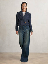 Women Petite Patch-Pocket Flared Jeans in Mid Blue