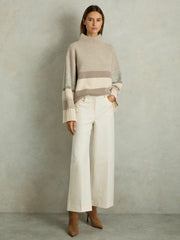 Women Wool Funnel-Neck Striped Jumper in Neutral