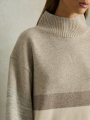 Women Wool Funnel-Neck Striped Jumper in Neutral