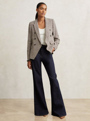 Women Petite Cotton-Linen Double-Breasted Houndstooth-Check Blazer in Navy Neutral Check