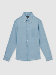 Men Cotton-Piqué Button-Down Chambray Shirt in Washed Blue