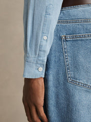 Men Cotton-Piqué Button-Down Chambray Shirt in Washed Blue