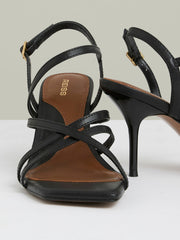 Women Leather Strappy Stiletto Sandals in Black
