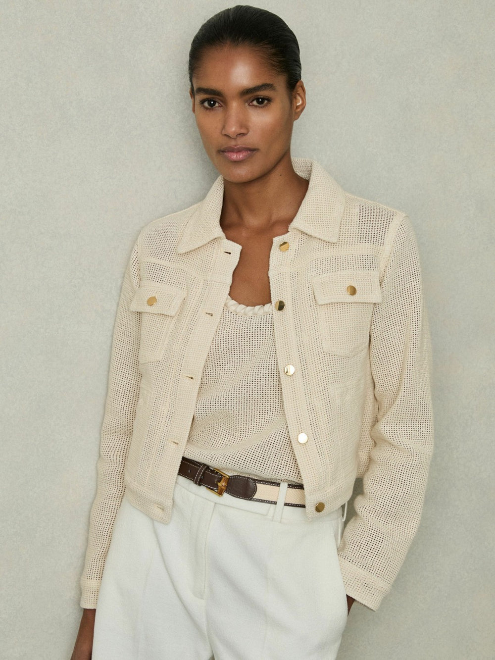 Women Cotton-Blend Textured Trucker Jacket in Neutral