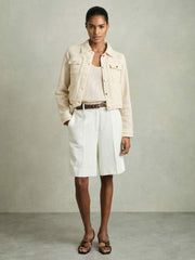 Women Cotton-Blend Textured Trucker Jacket in Neutral