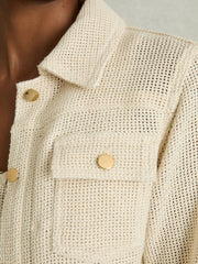 Women Cotton-Blend Textured Trucker Jacket in Neutral