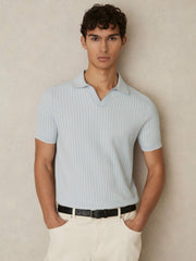 Men Open-Collar Textured Polo Shirt in Soft Blue/White