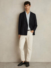 Men Open-Collar Textured Polo Shirt in Soft Blue/White